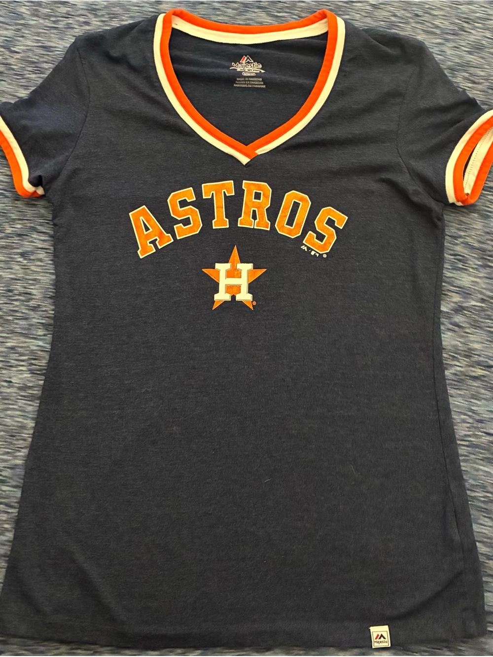 Majestic Navy V-Neck Astros Tee with Orange Trim
